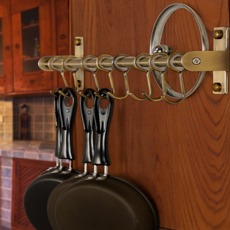 Dseap Kitchen Utensil Holder Hanger, Pot and Pan Rack Wall Mount, Kitchen Rail with 8 Hooks for Hanging Cooking Utensils, Mugs, Spoons, Wall Mounted, Stainless Steel, Bronze - Image 5